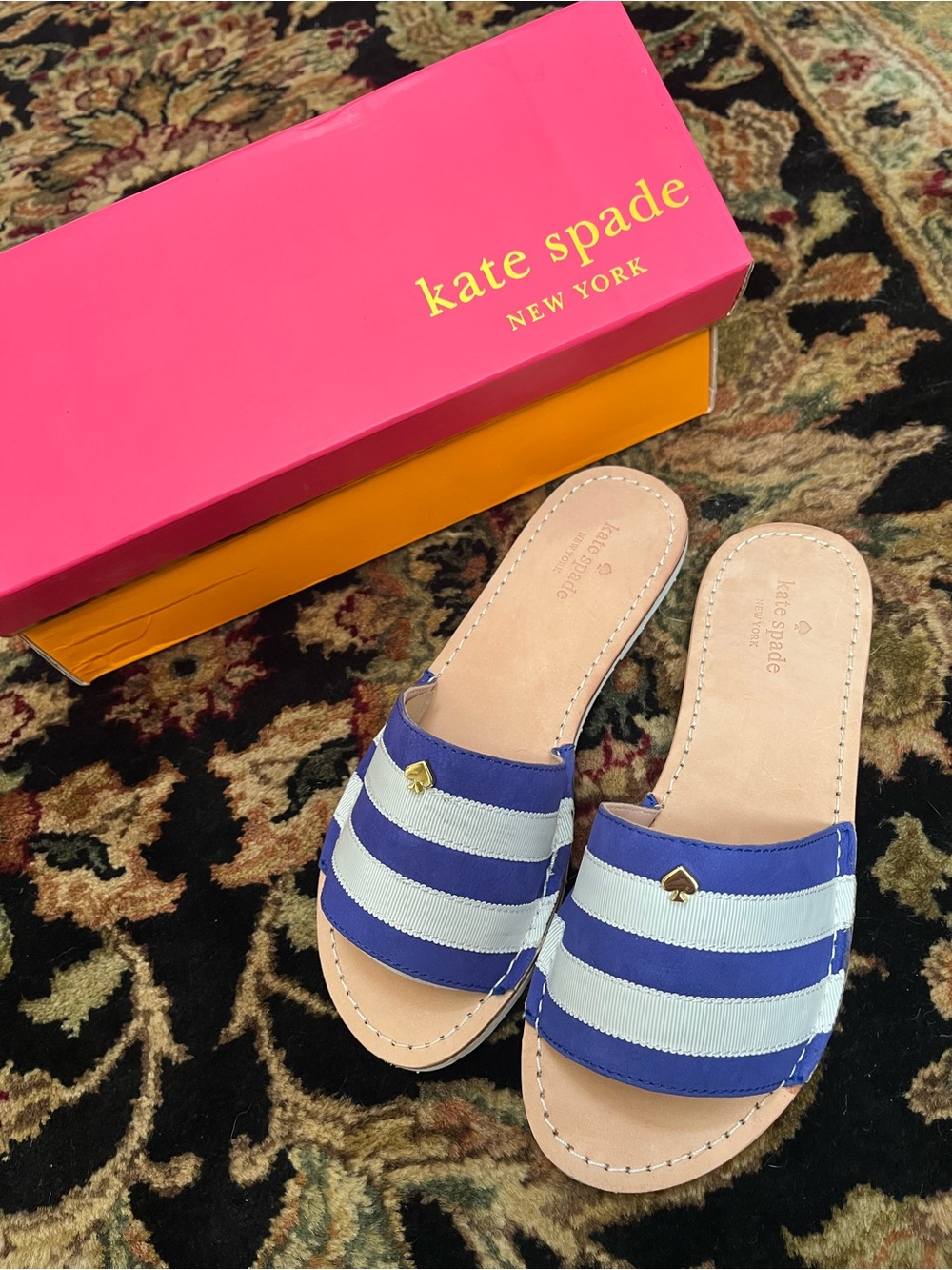 kate spade Blue & White Striped Slide Mules with Gold Spade Accent